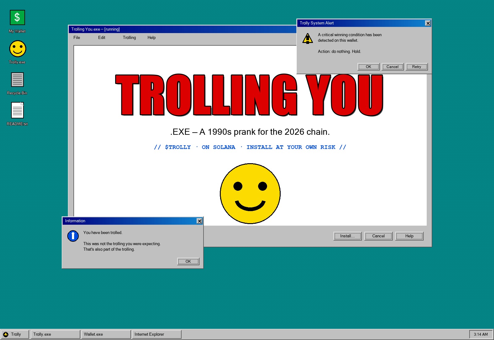 The Trolling You desktop — multiple windows, errors, popups