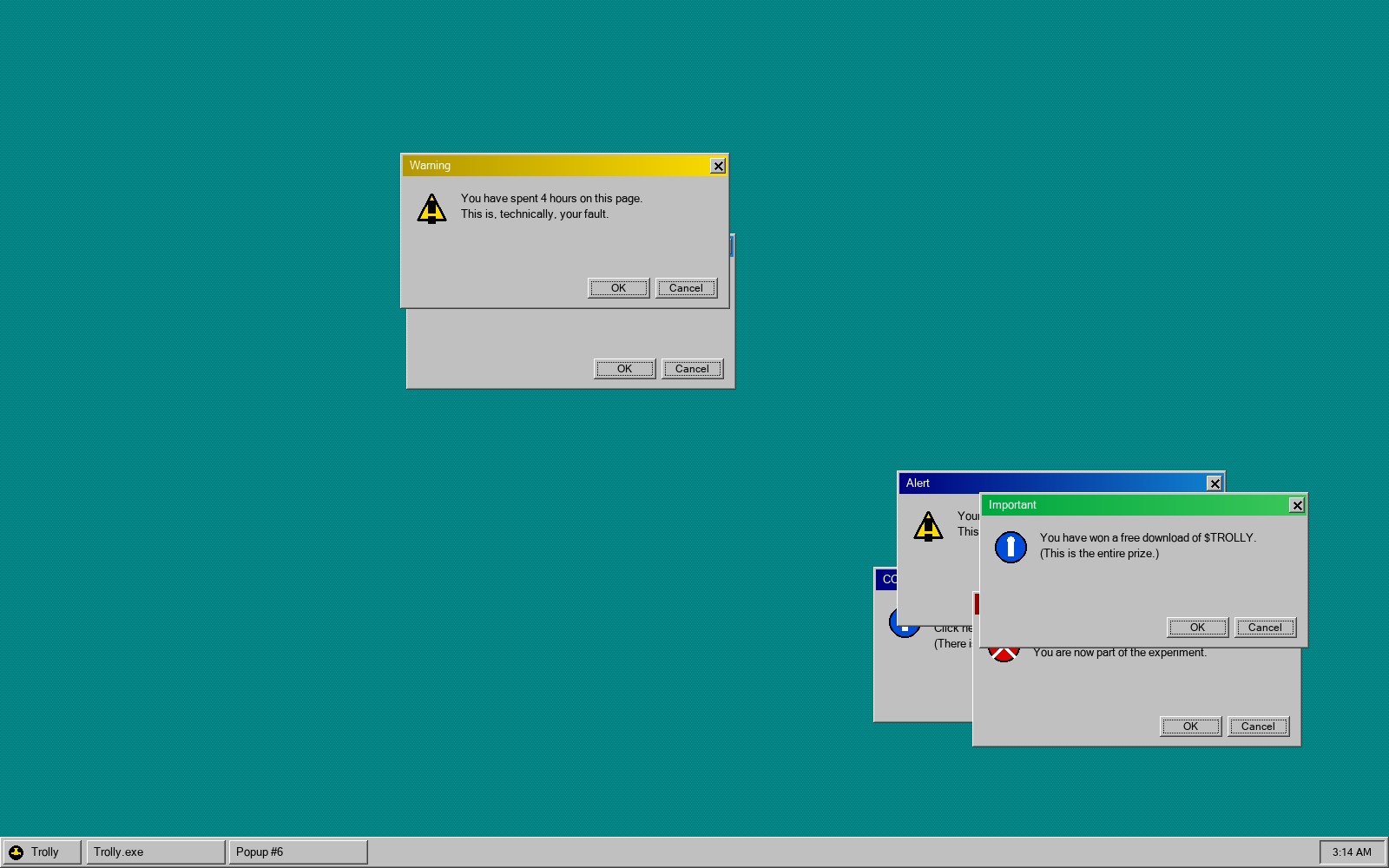 A wall of prize popups, all marginally insulting